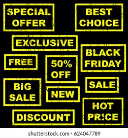 set of sale text rubber seal stamp watermark. Caption inside rectangular banner with grunge design and dirty texture. Special offer, best choice, big sale, discount, hot price