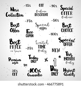 Set of sale typography tags. Vector illustrations for e-commerce, product promotion, advertising, sell products, discounts, sale, clearance. Best choice, Special offer, new collection, online discount