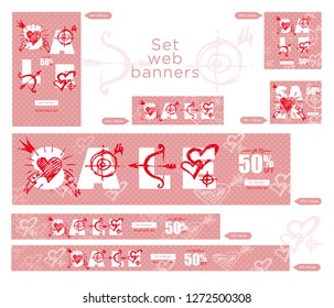 Set of sale valentines day web banner. Graphic element Good idea for retail flyer, special offer. Vintage background, advertising product poster, 50 percent off discount sticker. Vector illustration.