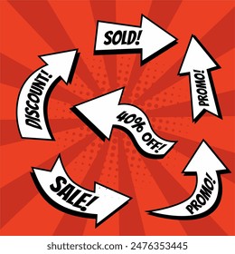 Set of Sale Vector Designs with Arrows, Comic speech bubbles for posters, social media banners, email and newsletter designs promotional material in pop-art style