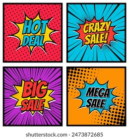 Conjunto de Diseños de Vector de venta con dibujos animados, burbujas de discurso cómico para carteles, Anuncios de medios sociales, correo electrónico y boletines de noticias de material promocional en estilo pop-art