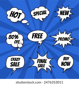 Conjunto de Diseños de Vector de venta con dibujos animados, burbujas de discurso cómico para carteles, Anuncios de medios sociales, correo electrónico y boletines de noticias de material promocional en estilo pop-art