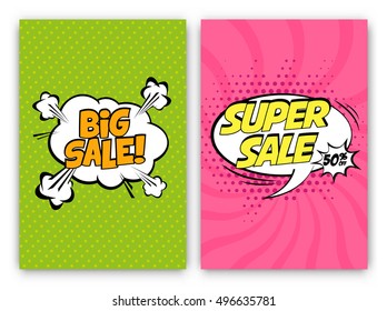 Set of Sale Vector Designs with Cartoon, Comic speech bubbles for posters, social media banners, email and newsletter designs promotional material in pop-art style: Big and Super Sale