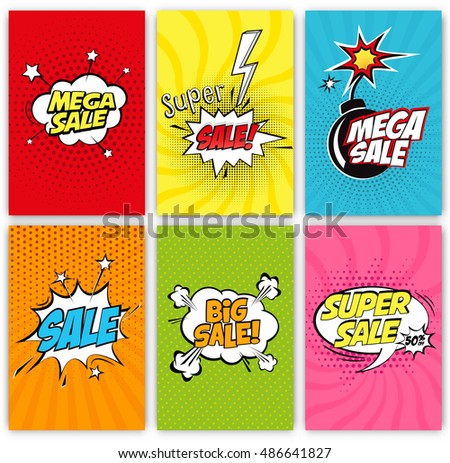 Set of Sale Vector Designs with Cartoon, Comic speech bubbles for posters, social media banners, email and newsletter designs promotional material in pop-art style: Mega Sale, Super Sale, Big Sale