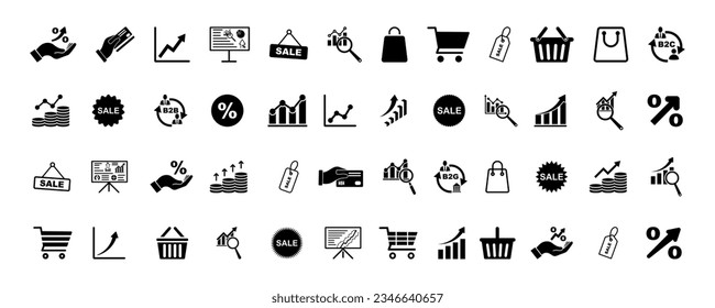 Set with sale vector icons. Financial graph, discount, cart, marketing icons. Vector 10 Eps.