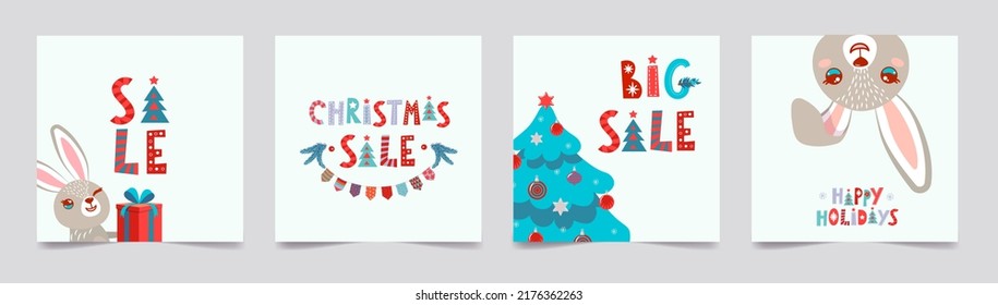 Conjunto de ilustraciones vectoriales de venta de navidad. Conejo de dibujos animados, árbol de navidad, celebración de Navidad, temporada de vacaciones de invierno con descuento en la tienda, plantilla de cupón promocional, fondo estacional
