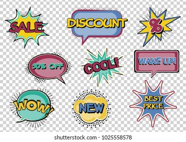 Set of Sale Vector illustrations. Comic speech bubbles for posters, social media banners in pop-art style: Sale, %, New, 50 % off, Discount, Best Price, Cool, WOW, Wake up! Vector illustration