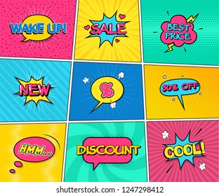 Set of Sale Vector illustrations. Comic speech bubbles in pop-art style: Sale, Percentage, New, 50 Percent off, Discount, Best Price, Cool, Wake up. Collection of different comic background.
