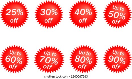 Set of sale vector labels with 25,30,40 and up to 50, 60, 70, 80, 90 off discount percent. White text on red round starlike badges