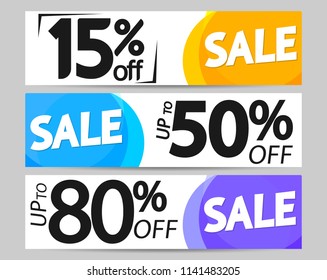 Set Sale web banners design template, special offer, up to 15% 50% 80% off, vector illustration