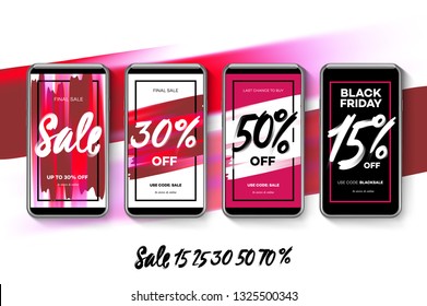 Set of Sale web banners for Instagram Stories, social media mobile apps. Elegant sale and discount promo backgrounds with pink abstract watercolor pattern, vector illustration.