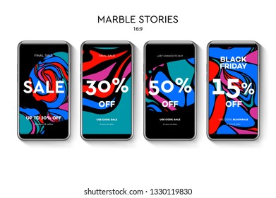 Set of Sale web banners for Instagram Stories social media mobile apps. Elegant sale and discount promo backgrounds with marble abstract pattern, vector illustration.