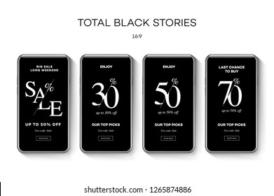 Set of Sale web banners for Istagram Stories, social media mobile apps. Black Friday sale and discount promo, vector illustration.