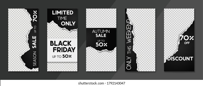 Set of sale, website store banner templates. Banners for online shopping. Editable Instagram Stories template with torn paper. Vector illustrations for posters and newsletter designs, ads