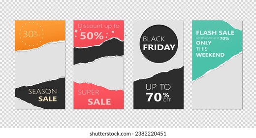 Set of sale, website store banner templates. Banners for online shopping. Editable Instagram Stories template with torn paper.