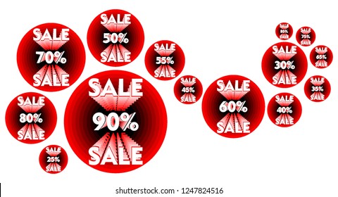 Set of sales banners with different discounts, effect increasing text, vector