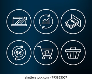 Set of Sales diagram, Update data and Atm money icons. Money currency, Internet shopping and Shop cart signs. Sale growth chart, Sales statistics, Dollar currency. Vector