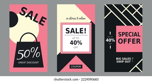 Conjunto de banners verticales de venta y descuento para tiendas y compras en línea. Motivos geométricos negros, blancos y rosas en un estilo plano, moderno y elegante. Ofrecer plantillas para medios sociales. Folleto. 