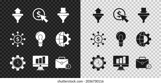 Set Sales funnel with arrows, Cursor and coin, Time Management, Monitor graph chart, Briefcase money, Dollar, share, network and Light bulb concept of idea icon. Vector