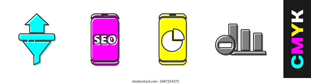 Set Sales funnel with arrows, Mobile phone SEO optimization, Mobile phone with graph chart and Pie chart infographic icon. Vector