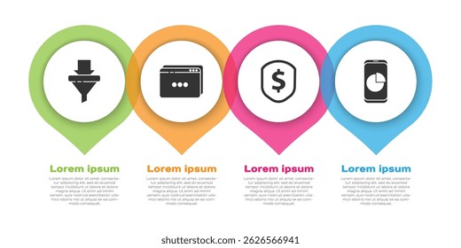 Set Sales funnel with arrows, Website template, Shield with dollar and Mobile phone with graph chart. Business infographic template. Vector