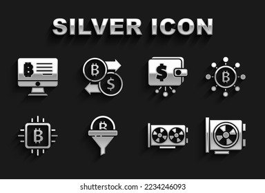 Set Sales funnel with bitcoin, Blockchain technology Bitcoin, Video graphic card, CPU mining farm, Cryptocurrency wallet, Mining from monitor and exchange icon. Vector
