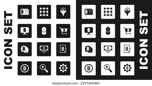 Set Sales funnel with bitcoin, Blockchain technology, Bitcoin, browser, Shopping cart, Mining from tablet and  icon. Vector