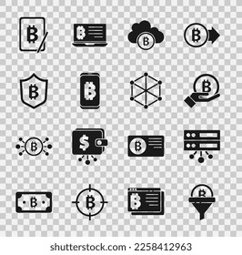 Set Sales funnel with bitcoin, Server, Hand holding Bitcoin, Cryptocurrency cloud mining, Mining from mobile, Shield, tablet and Blockchain technology icon. Vector
