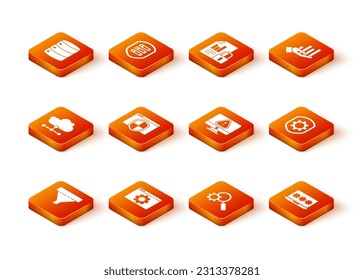 Set Sales funnel, Browser setting, Network cloud connection, with shield, Magnifying glass and gear, Monitor exclamation mark, Laptop password and Shield settings icon. Vector