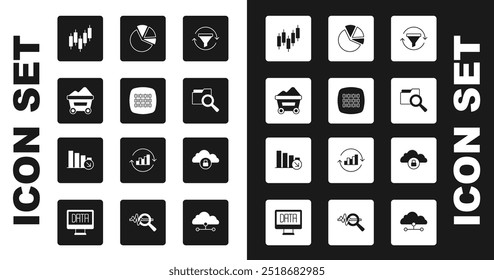 Set Sales funnel with chart, Binary code, Coal mine trolley, Browser stocks market, Search folder, Pie infographic, Cloud computing lock and Financial growth decrease icon. Vector