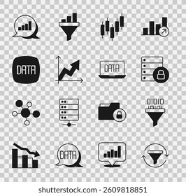 Set Sales funnel with chart, Binary code, Server security padlock, Browser stocks market, Financial growth, Data analysis, Pie infographic and  icon. Vector