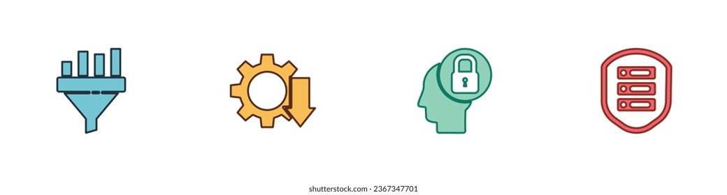 Set Sales funnel with chart, Cost reduction, Human head lock and Server shield icon. Vector