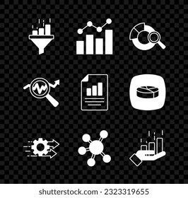 Establecer el embudo de ventas con gráfico, crecimiento financiero, análisis de datos de búsqueda, administración de tiempo, base de equipos de proyectos e icono de gráfico de documentos. Vector