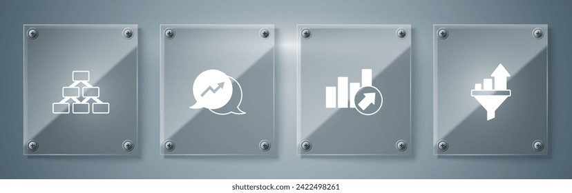 Set Sales funnel with chart, Financial growth,  and Hierarchy organogram. Square glass panels. Vector