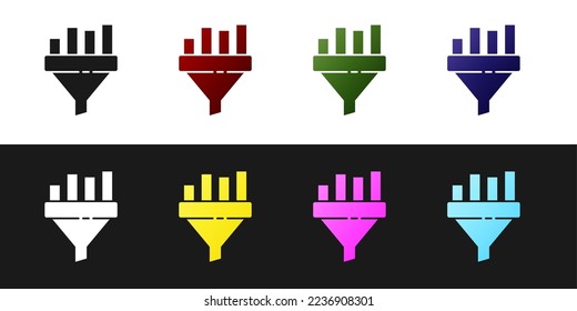 Set Sales funnel with chart for marketing and startup business icon isolated on black and white background. Infographic template.  Vector Illustration