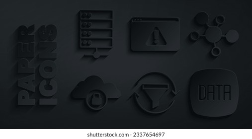 Set Sales funnel with chart, Mind map infographic, Cloud computing lock, Data analysis, Browser exclamation mark and Server icon. Vector