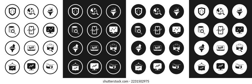 Set Sales funnel with chart, Mobile stock trading, Server, Financial growth, Graph infographic, Search globe, Work search and  icon. Vector