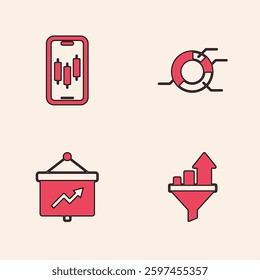 Set Sales funnel with chart, Mobile stock trading, Pie infographic and Board icon. Vector