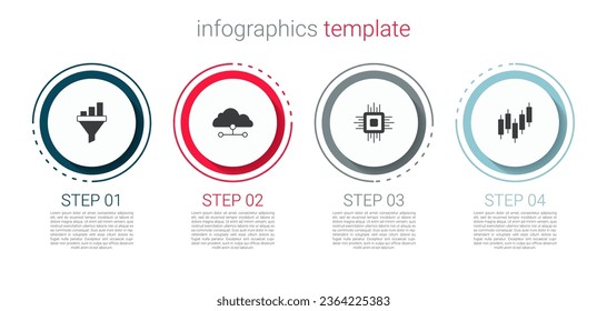 Set Sales funnel with chart, Network cloud connection, Processor CPU and Browser stocks market. Business infographic template. Vector