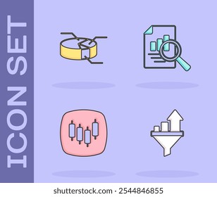 Set Sales funnel with chart, Pie infographic, Browser stocks market and Document icon. Vector