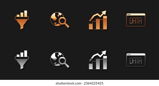 Establecer embudo de ventas con gráfico, globo de búsqueda, Crecimiento financiero e icono de análisis de datos. Vector