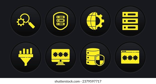 Set Sales funnel with chart, Server, Data, Web Hosting, Monitor password, shield, Globe of the Earth and gear, Password protection and Magnifying glass icon. Vector