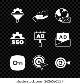 Set Sales funnel with gear, Pie chart infographic, Earth globe mail, Key, Target, SEO optimization and Advertising icon. Vector