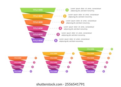 Set of Sales Funnel Infographic From 4 Up to 6 Steps for Business Presentation, Poster, Banner and Booklet.