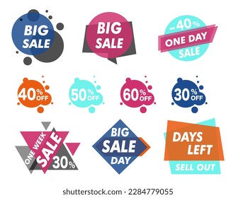 Set of sales icons. Collection of advertising graphic elements for website. Discounts and promotions, special offer. One day sale. Cartoon flat vector illustrations isolated on white background