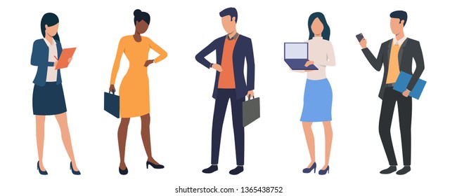 Set Of Sales Managers At Work. Business People With Briefcases And Gadgets Checking Time And Working. Vector Illustration Can Be Used For Presentation, Tutorial, Planning