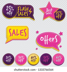 Set of Sales and offers sticker template - 20% off, 30, 40, 50, 60, 70, 80, 90 percent sale label symbols, discount promotion flat icon - vector