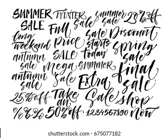 Set of sales phrase. Final sale, extra sale, take an 50% off, autumn, summer, winter, spring  sale and others. Ink illustration. Modern brush calligraphy. Isolated on white background.