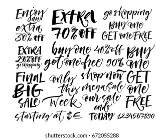 Set of sale's phrases. Extra 70% off, final big sale, only this week, our sale ends today and others. Ink illustration. Modern brush calligraphy. Isolated on white background. 