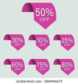 Set of sales tags set of icons, 10, 25, 30, 50, 60, 75, 80% discount on label symbols. Banner sales modern template design. Vector illustration.